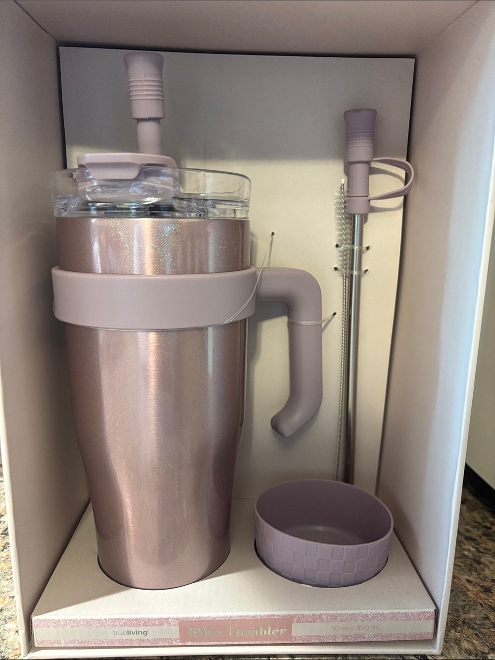 Travel Tumbler 30oz Light Purple Glitter with Handle and Straw NIB